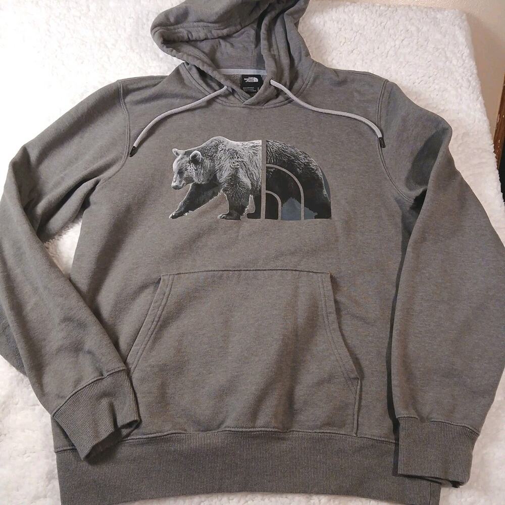 The North Face Grey Hoodie With Bear Design Mens Size M Kangaroo Pockets...
